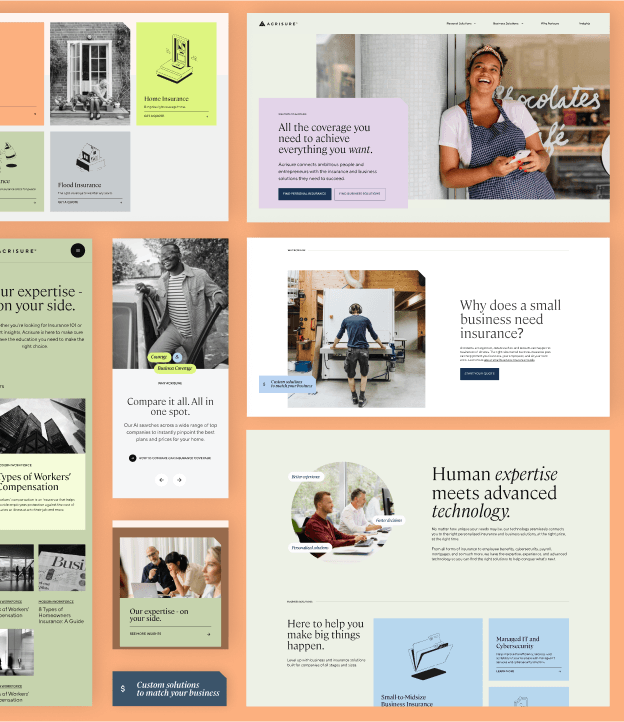 Collage of pastel website layouts and marketing cards for insurance and business services, featuring a smiling person in an apron on the top right