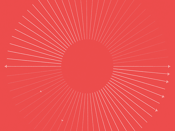 Orange gradient background featuring a solid red central disk and numerous white sunburst rays radiating outward; a horizontal line with arrowheads crosses the center.