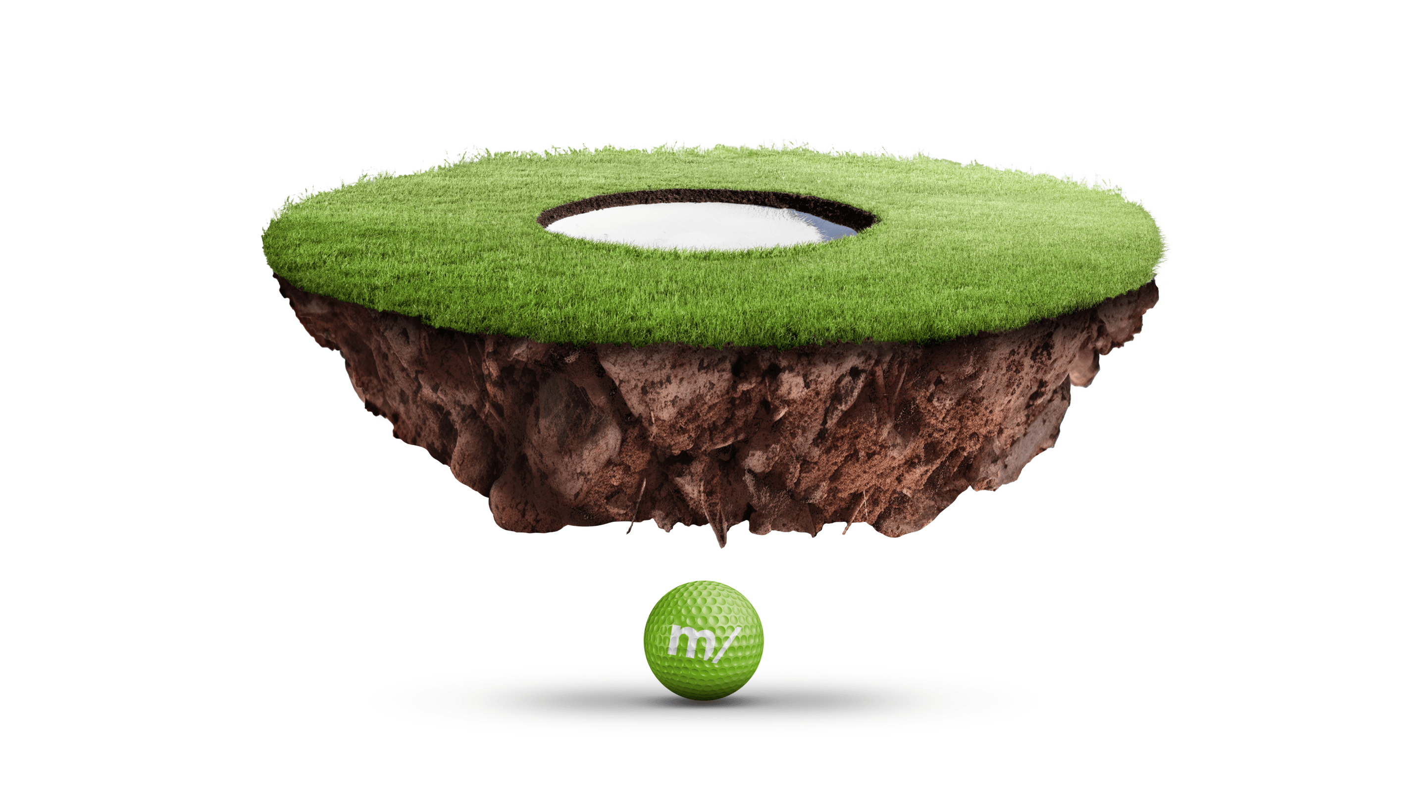 Floating donut-shaped island of grass with a central hole, above rugged brown soil; a green golf ball hovers below on a white background.