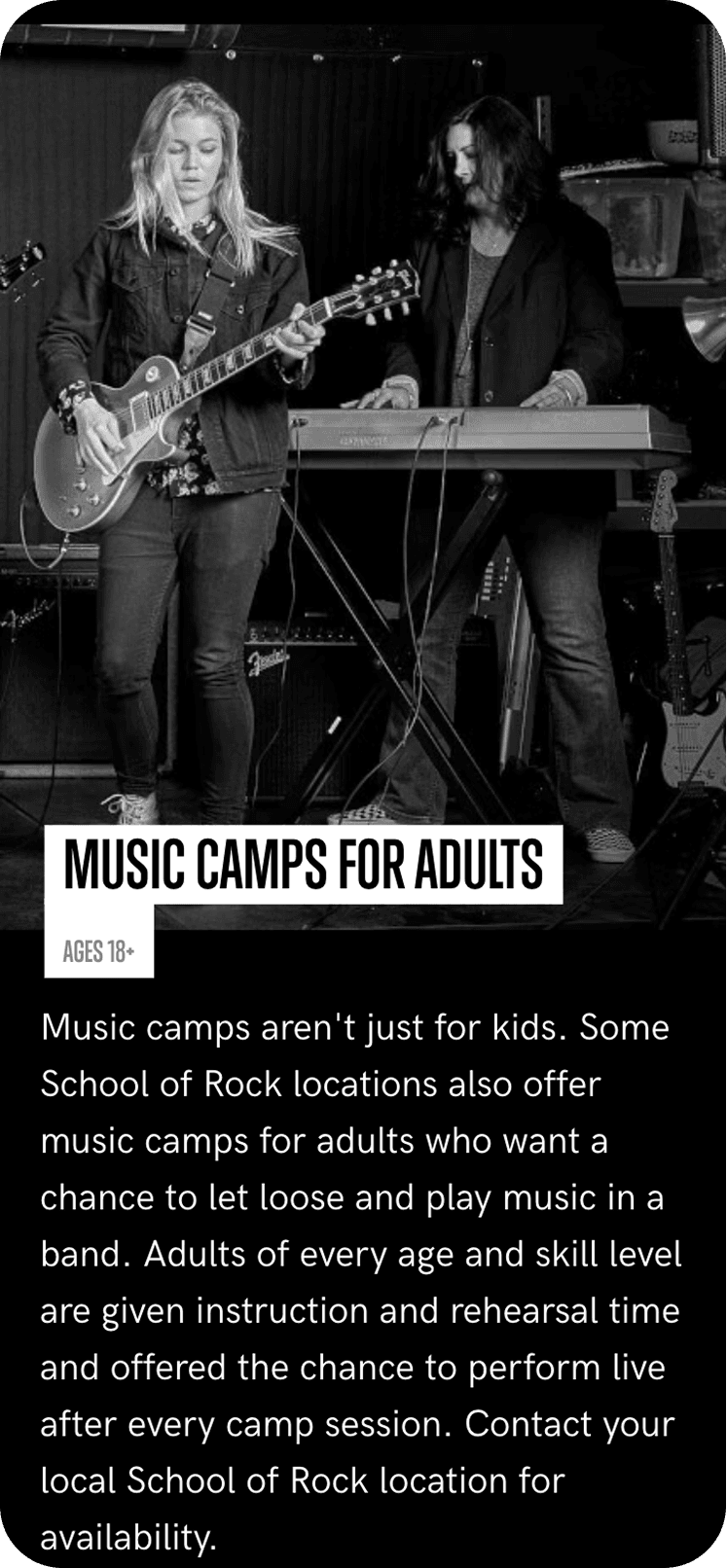 Black-and-white photo of two musicians performing on stage: a guitarist on the left and a keyboardist on the right.