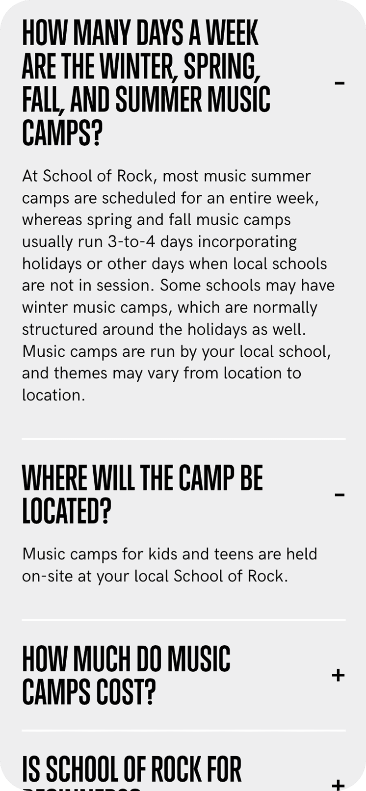Infographic with large bold headings about School of Rock music camps—duration, locations, and costs—on a light gray background.