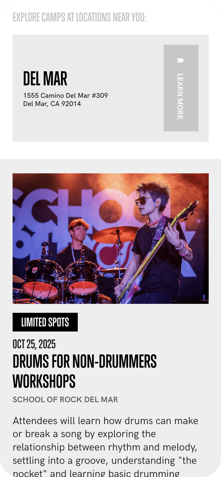 Website layout showing a Del Mar location card, a vertical Learn More banner, and a band photo of a guitarist and drummer promoting a drums workshop with limited spots.