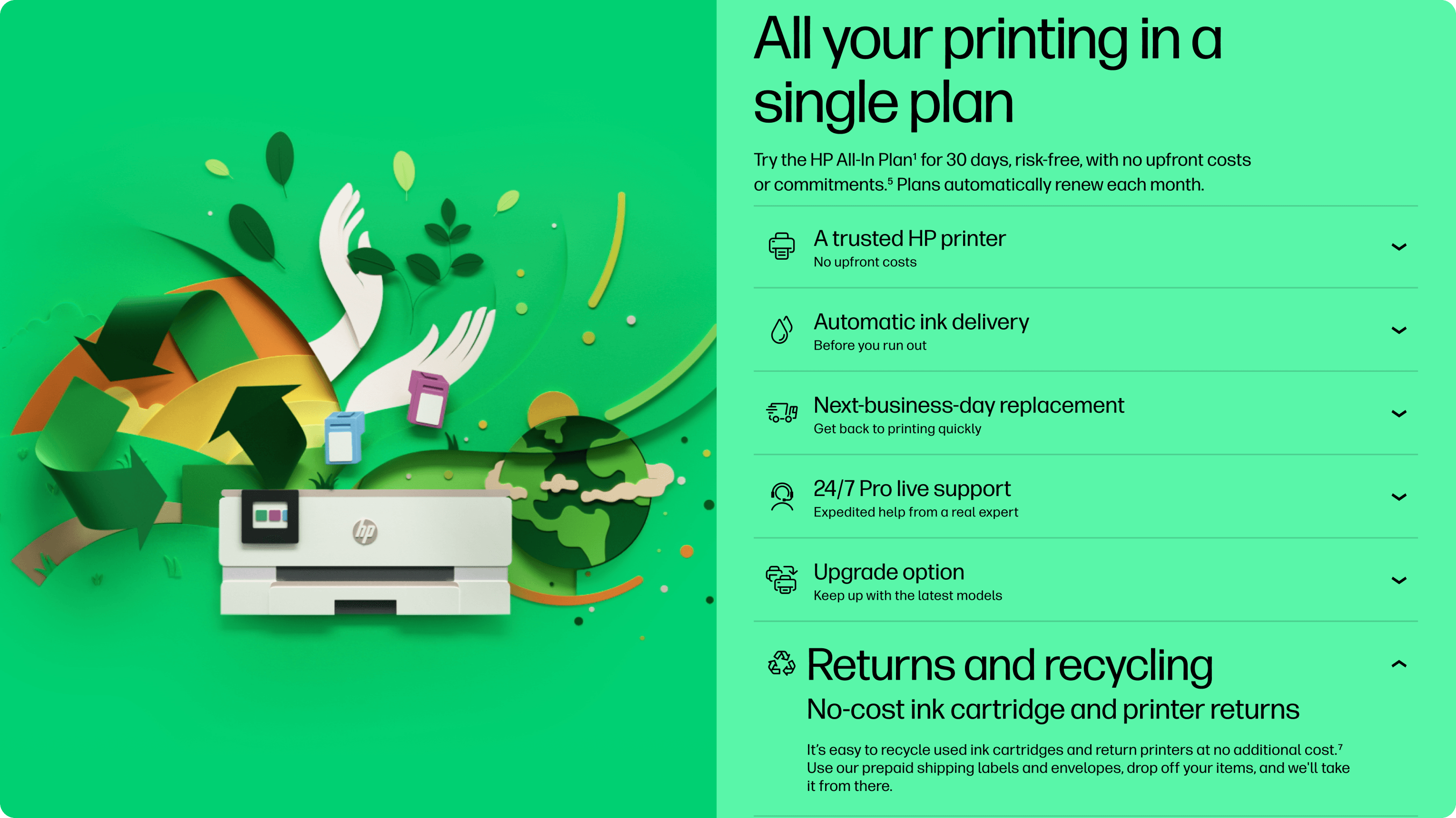 Bright green illustration showing an HP printer on the left with colorful paper shapes and leaves, and a teal infographic panel on the right.