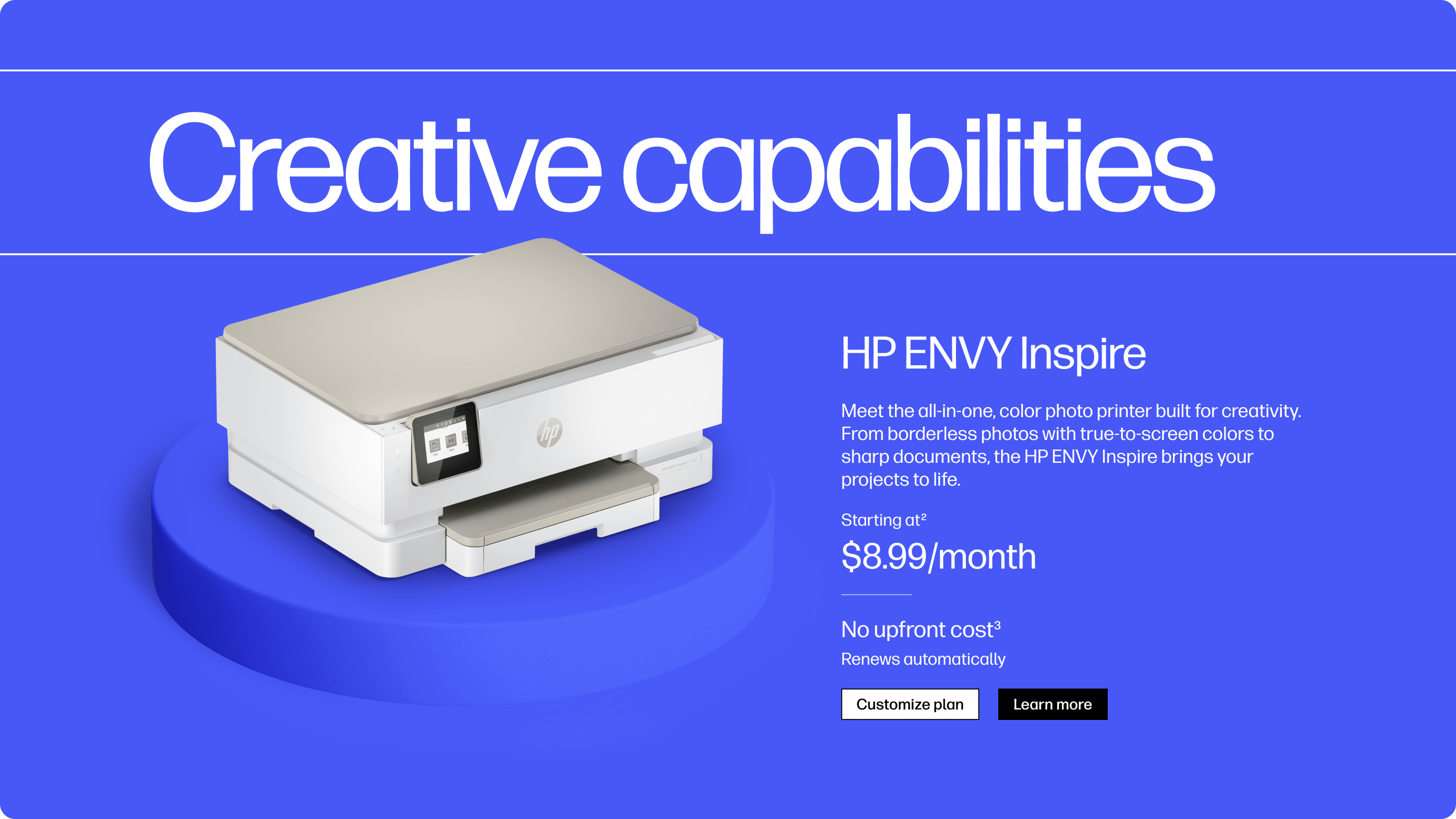 Blue banner featuring the HP ENVY Inspire printer on a circular pedestal, with 'Creative capabilities' and 'Customize plan' and 'Learn more' buttons.