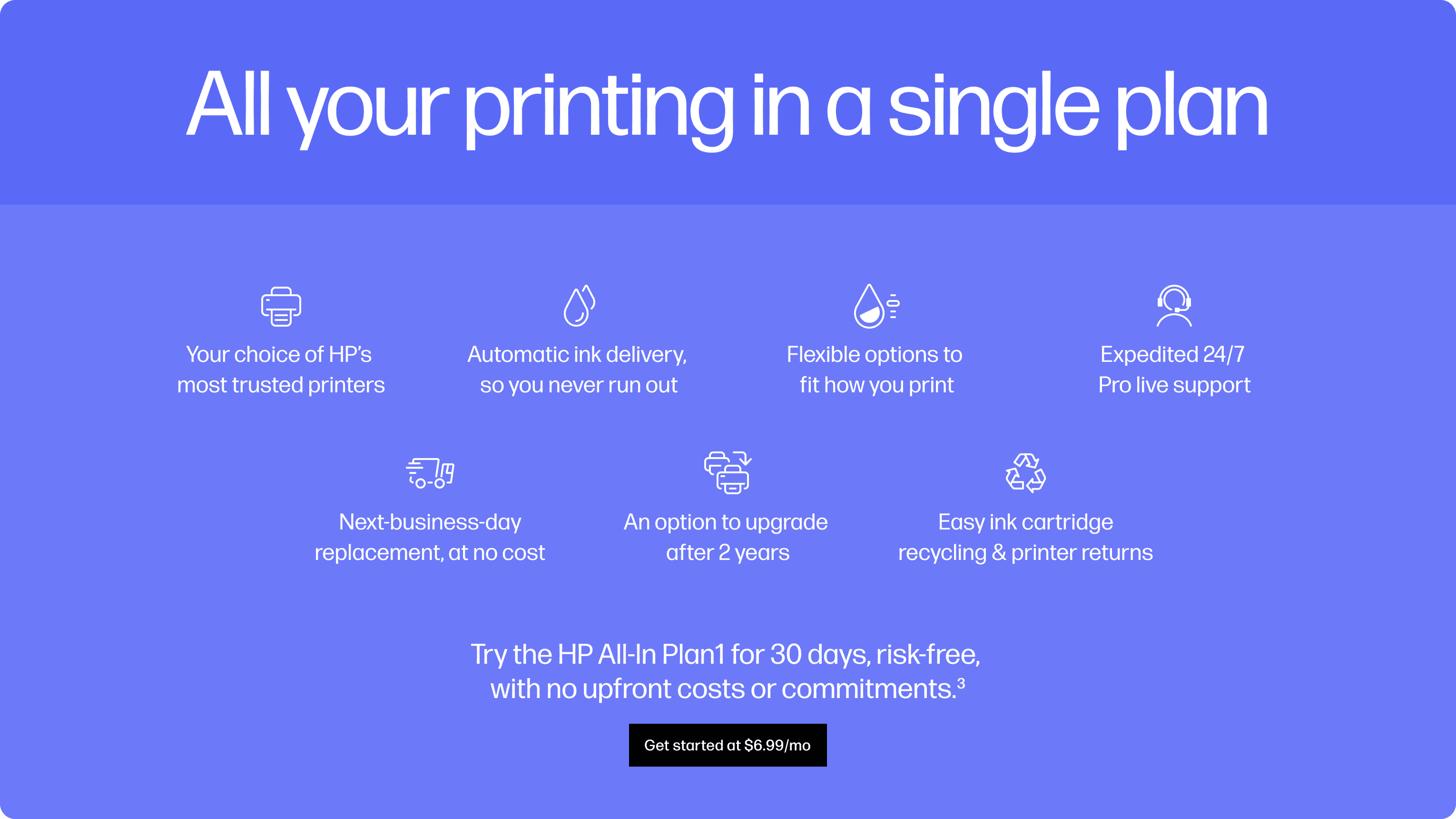 Blue page with the headline 'All your printing in a single plan' and icons with captions about printers, ink delivery, flexible options, support, and recycling; black 'Get started' button.