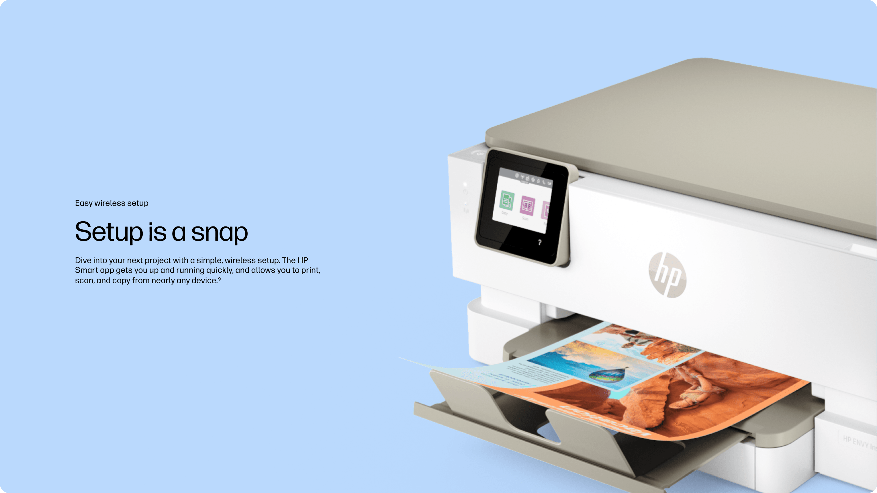 Close-up of a white HP printer with a side touchscreen, printing a colorful brochure, against a pale blue background with text on the left.