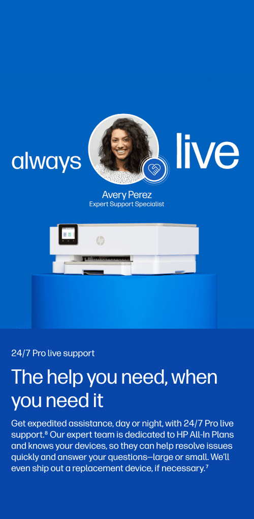 Blue HP promo with 'always live' logo, Avery Perez portrait, a white printer on a blue pedestal, and the slogan 'The help you need, when you need it'.
