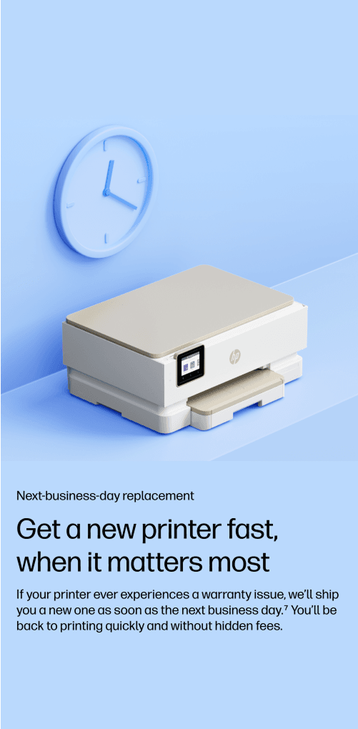 A white HP printer on a pale platform against a light blue gradient wall; a large blue clock hangs on the left, with promotional text at the bottom.