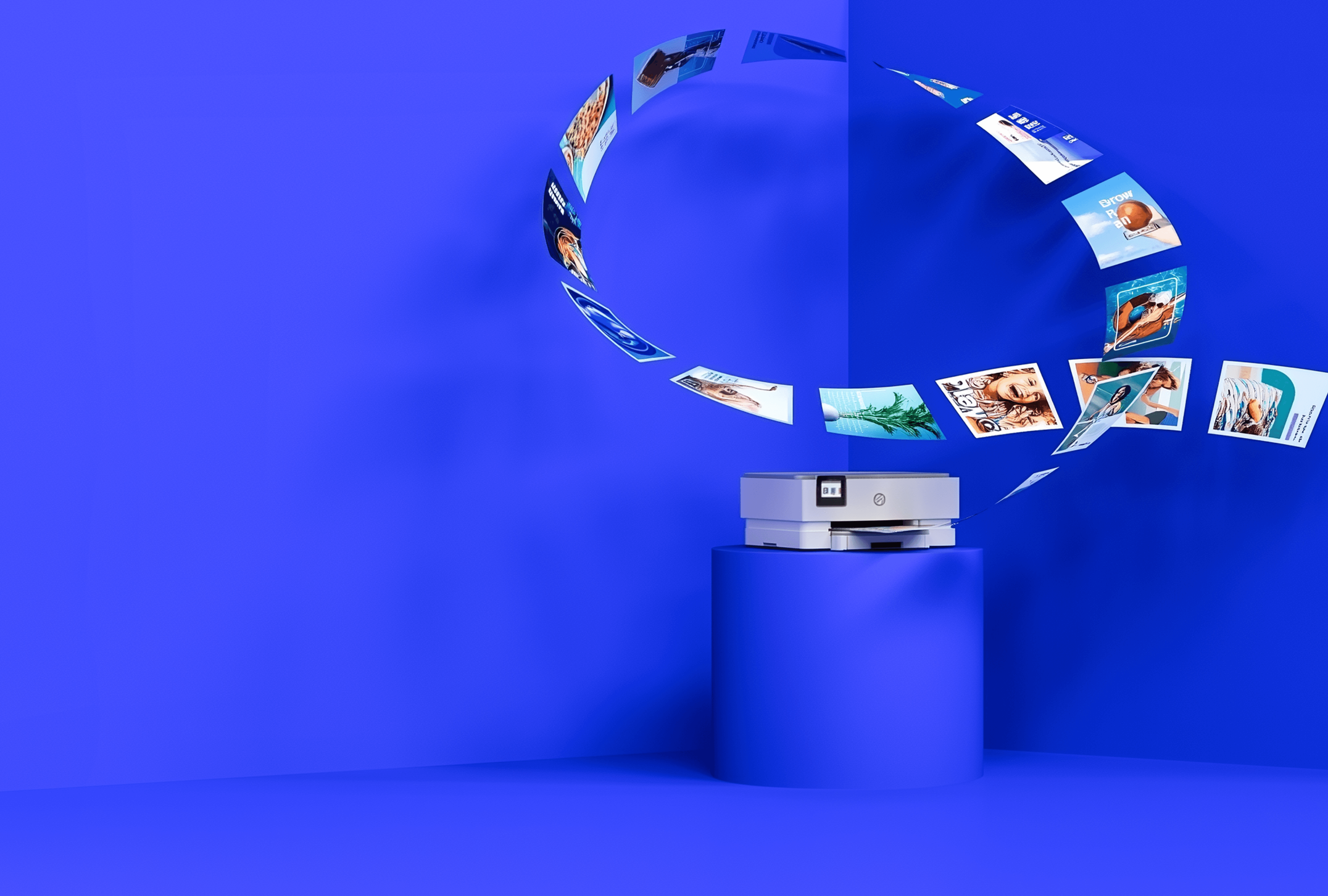 White printer sits on a blue pedestal with a spiral of colorful photos fanning out around it against a vivid blue background.
