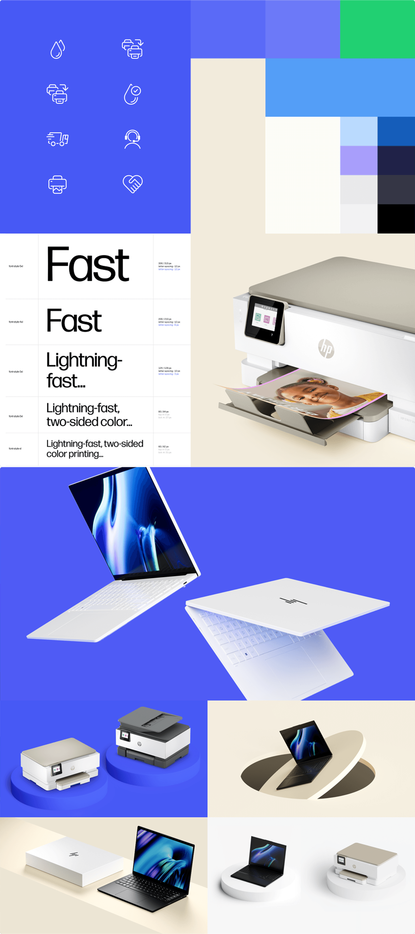 Collage of HP printers, laptops, color swatches, and a "Fast" typography grid on blue and beige backgrounds, with printed photos.