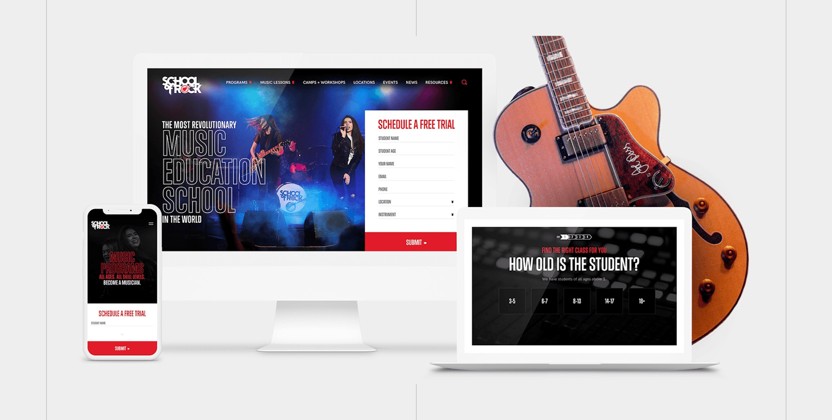Collage of a desktop monitor, a laptop, and a smartphone displaying a music education website, with an acoustic guitar in the background.