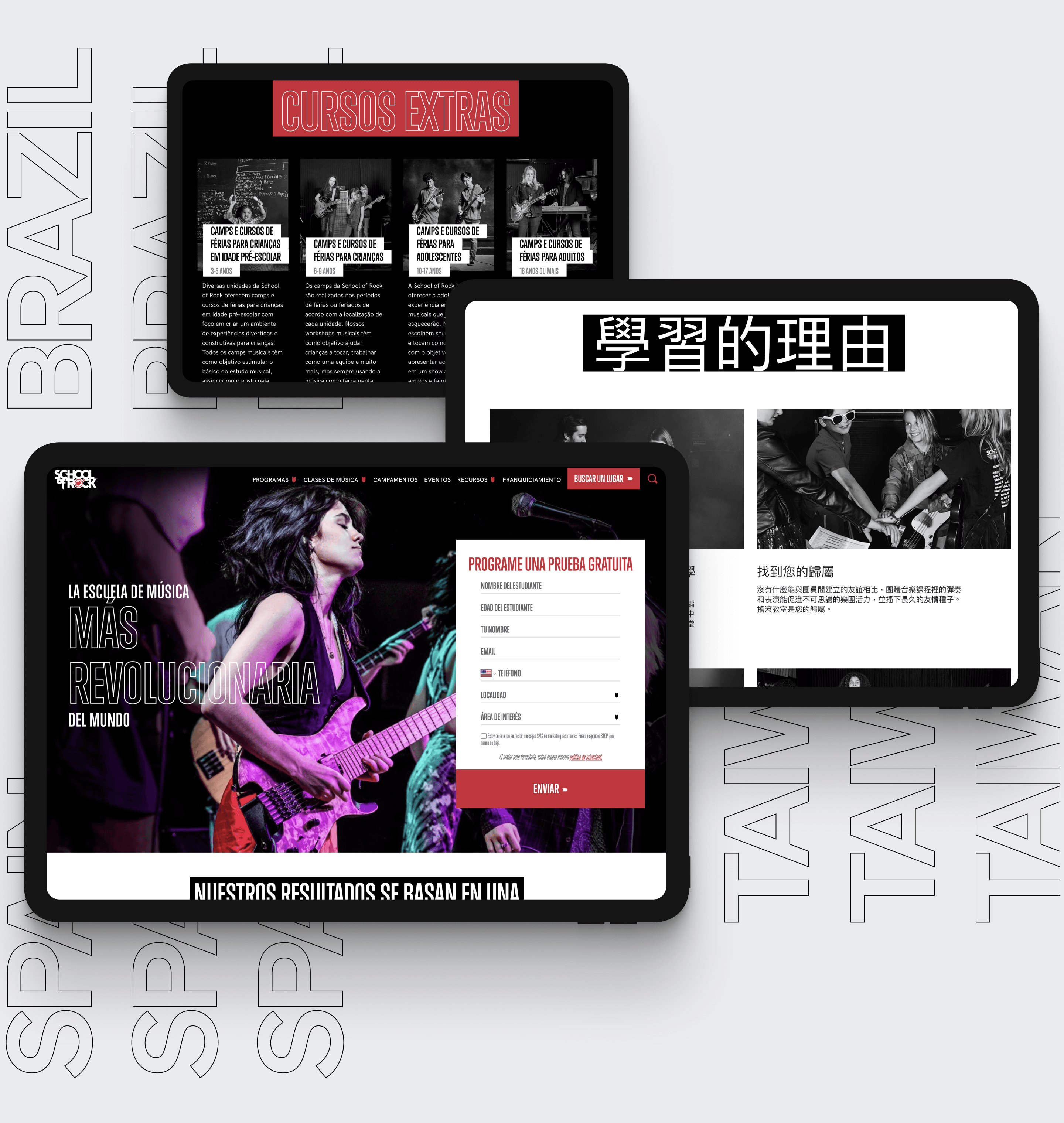 Two overlapping black-framed tablets show a music site: main screen with a guitarist and signup form, secondary screens labeled Cursos Extras and Chinese.