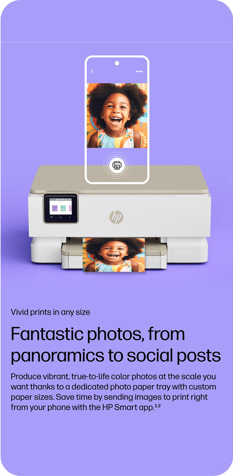 HP printer on a lavender background with a smartphone-shaped frame displaying a smiling child photo, printing a vivid portrait.