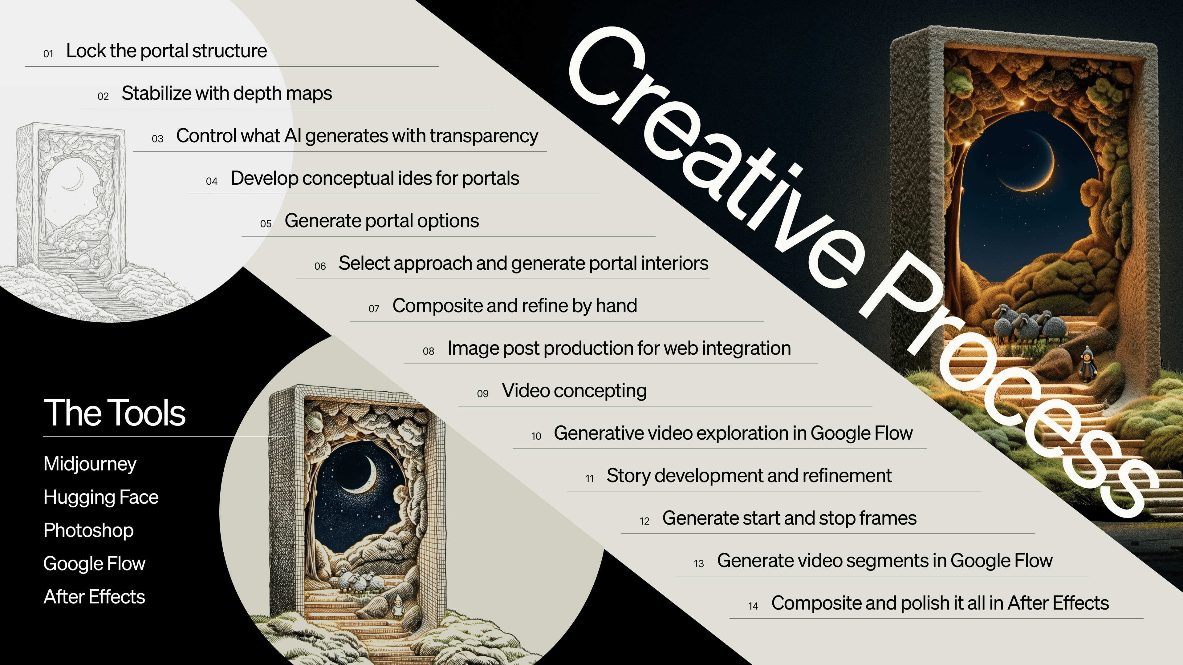 Midjourney (Ideation & Texturing)
Hugging Face (Depth Map Generation)
Adobe Photoshop (Compositing & Masking)
Google Flow (Animation & Transitions)
After Effects (Final Polish)
