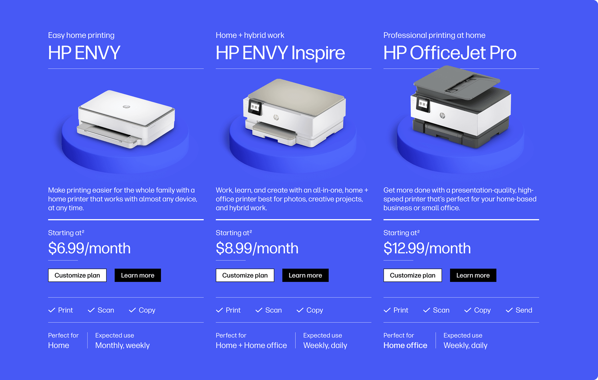 Three HP printers on glowing blue circular pedestals in a blue hero banner, showing HP ENVY, ENVY Inspire, and HP OfficeJet Pro with prices and features.