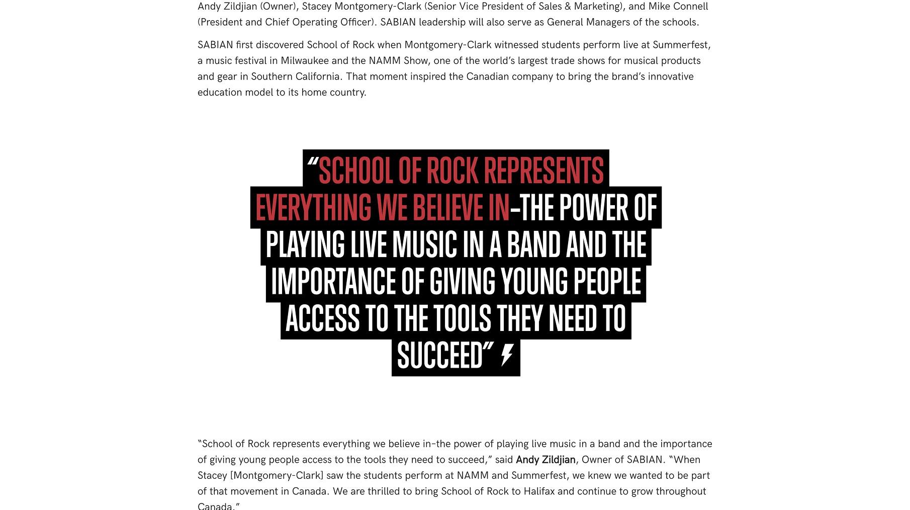 A black stepped text block with red and white uppercase quote about School of Rock and the power of playing live music in a band and helping youths succeed.