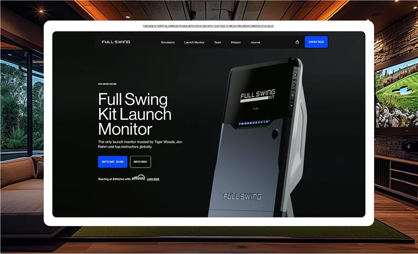 A tablet-like display framed in white shows a dark product page for Full Swing Kit Launch Monitor, featuring a tall angled device pictured on the right.