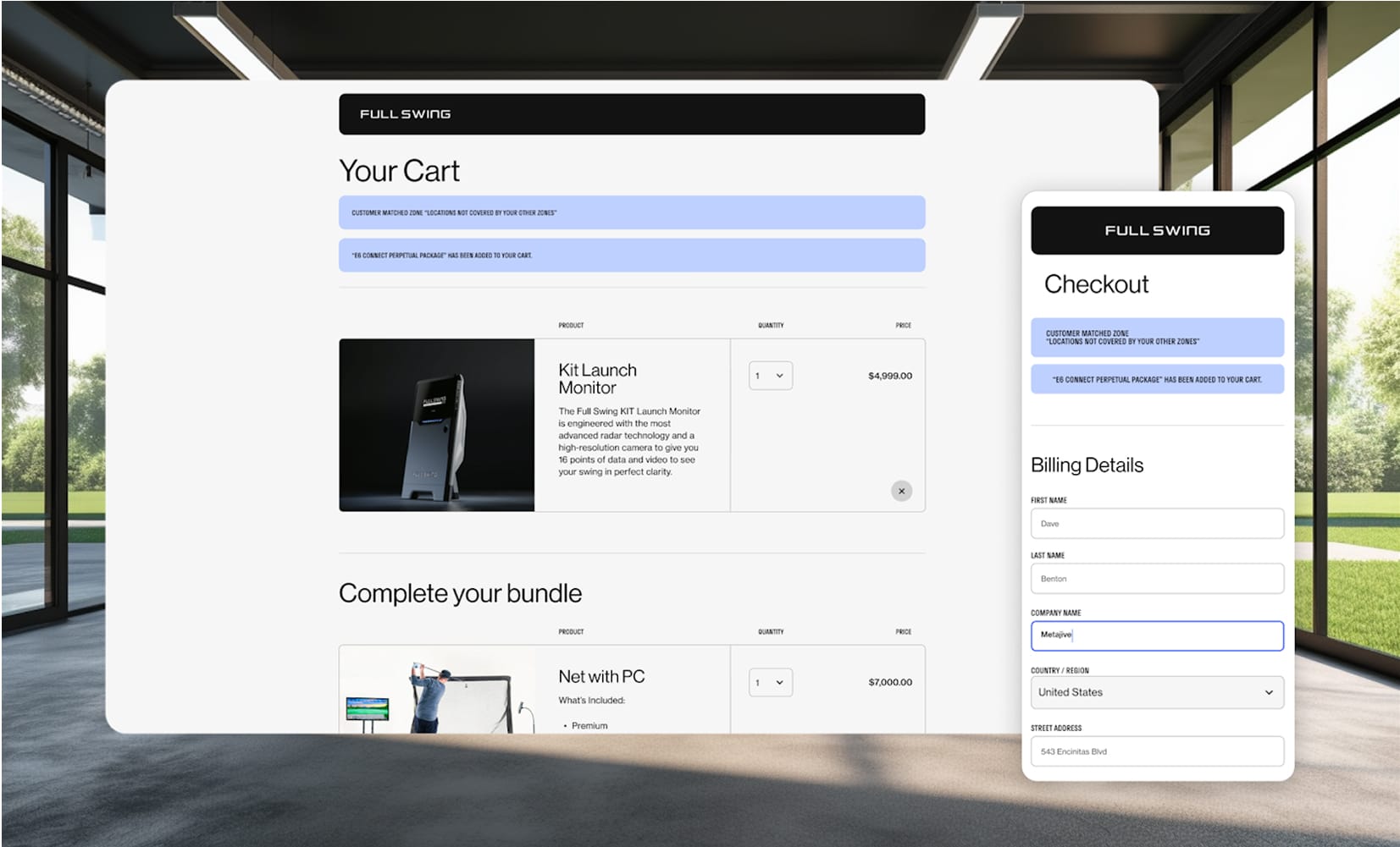 White rounded cart UI overlaying a bright showroom with large windows; items include Kit Launch Monitor and Net with PC, plus a right-side Checkout form.
