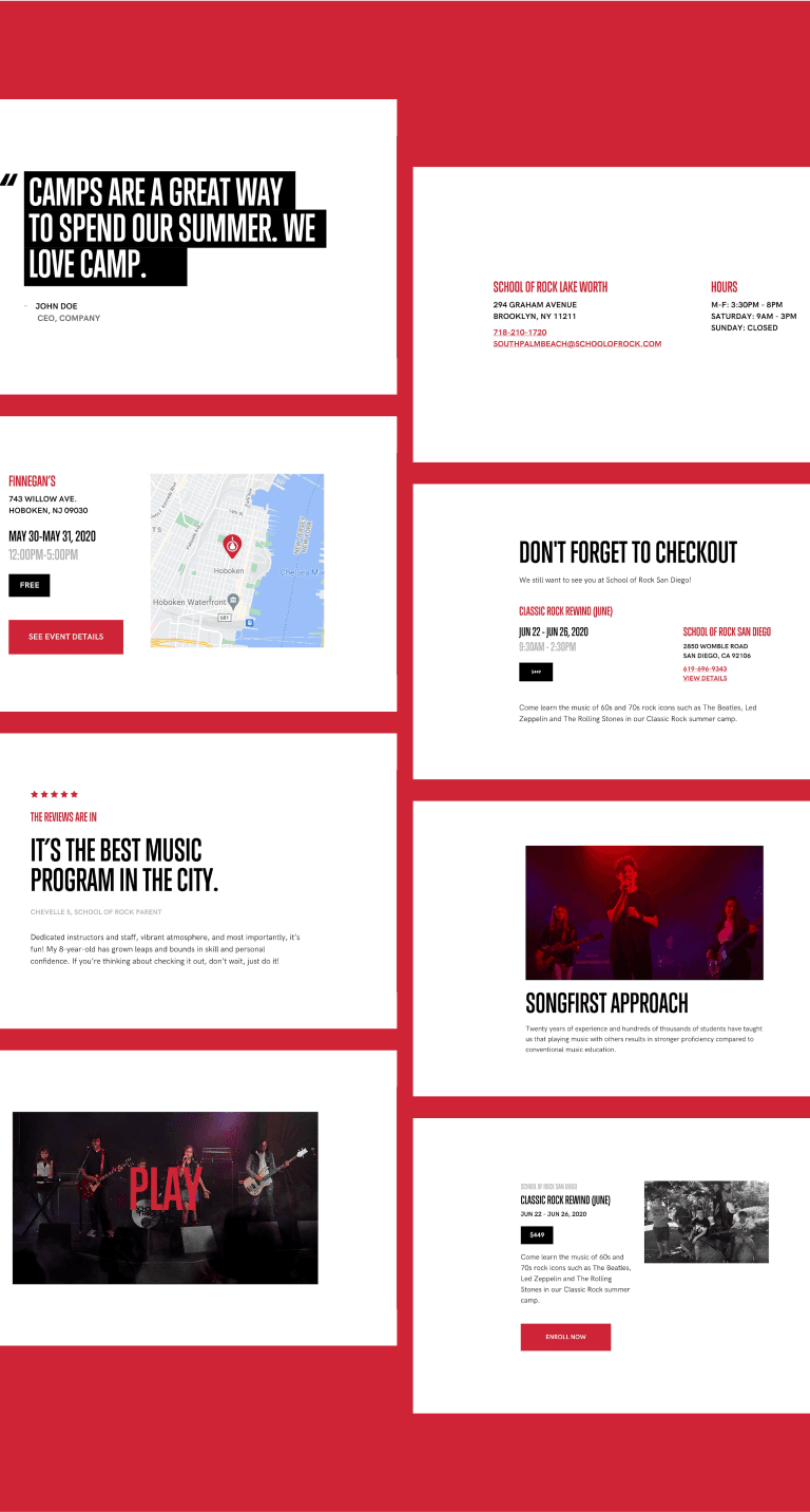 Collage of white event posters on a red background, with bold quotes, schedule blocks, a map image, and photos of a band.
