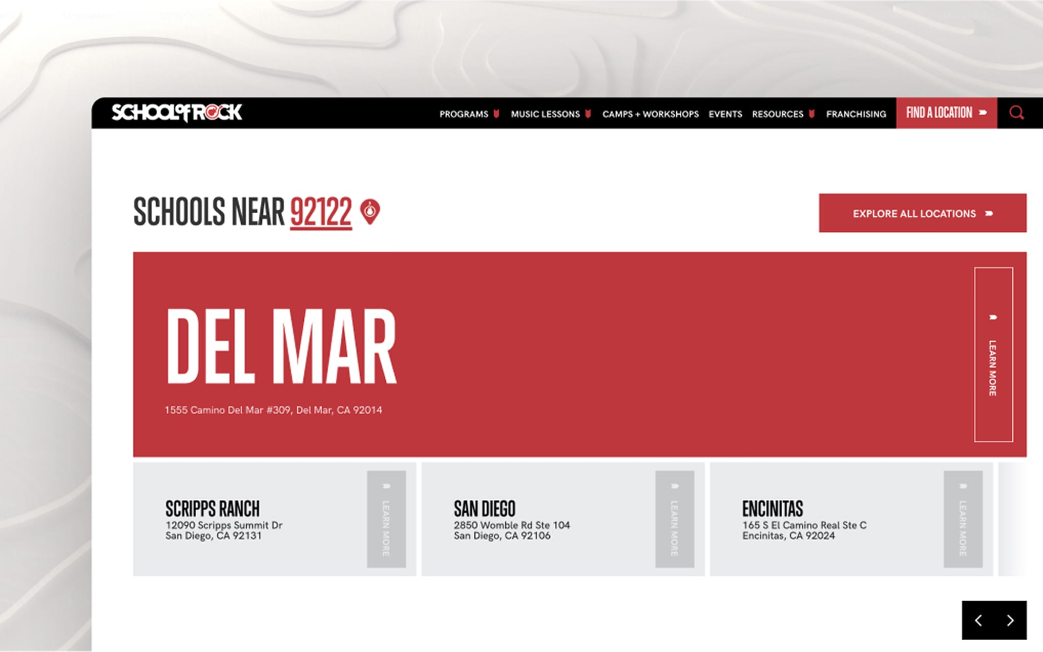 School of Rock locations page showing a large red DEL MAR banner with its address, and grey cards for Scripps Ranch, San Diego, and Encinitas.