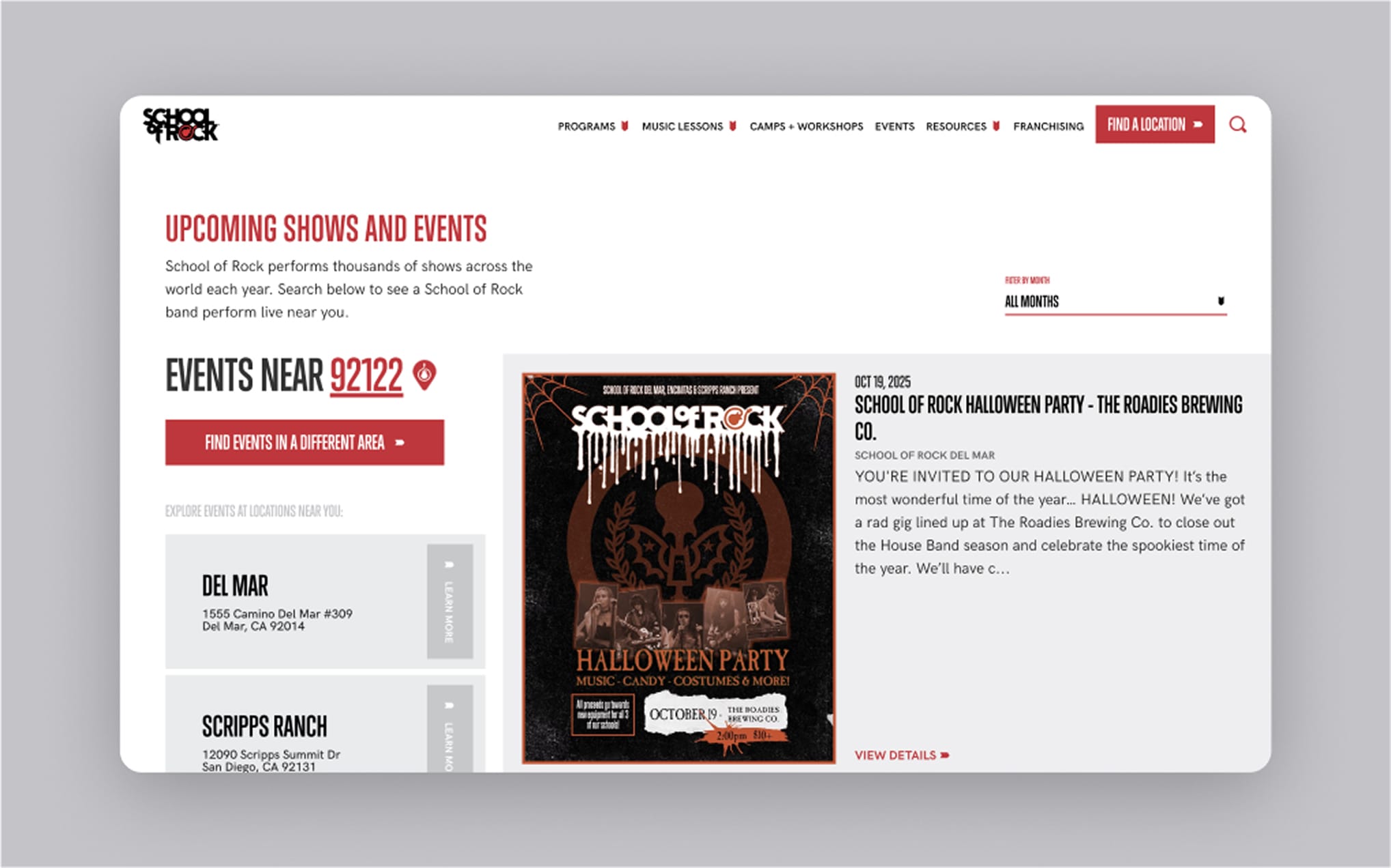 Screenshot of a School of Rock events page showing upcoming shows, nearby areas, and a Halloween Party poster with event details.
