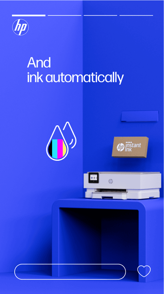 Blue HP display with a white printer on a blue pedestal, HP logo and 'And ink automatically' text, plus an HP Instant Ink box and color drop icon.