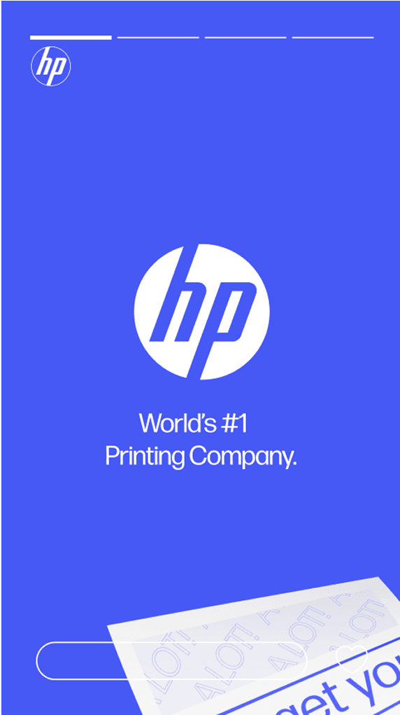 Blue HP advertisement with a white circular HP logo, the text “World's #1 Printing Company.”, and a tilted white receipt graphic at the bottom.