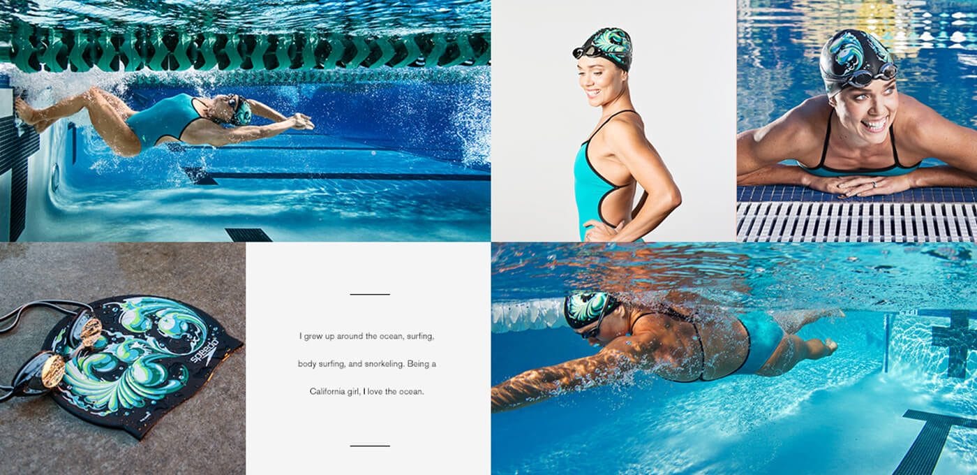 Grid collage of swimmers in turquoise swimsuits and caps in pool scenes, a bag with medals, an underwater swimmer, and a white card with text.