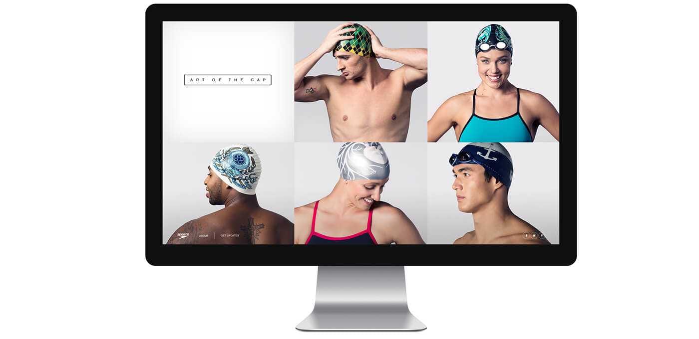 Computer monitor displaying a six-photo collage of swimmers in swim caps, including a tile with the "Art of the Cap" logo.