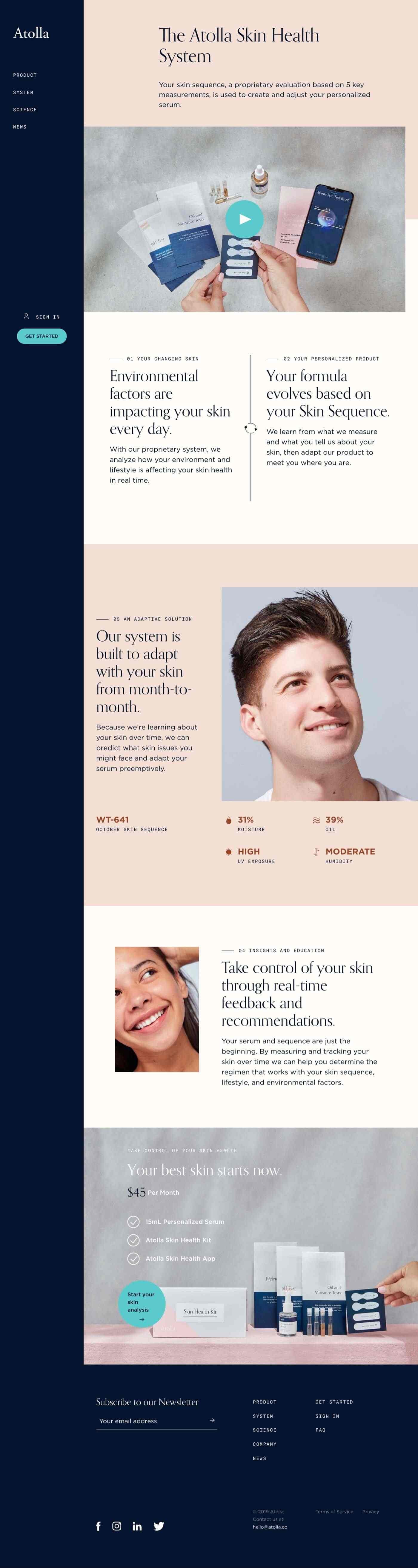 Vertical Atolla skincare webpage mockup with navy left navigation, peach sections, and a hero image of hands holding skincare cards and a smartphone.