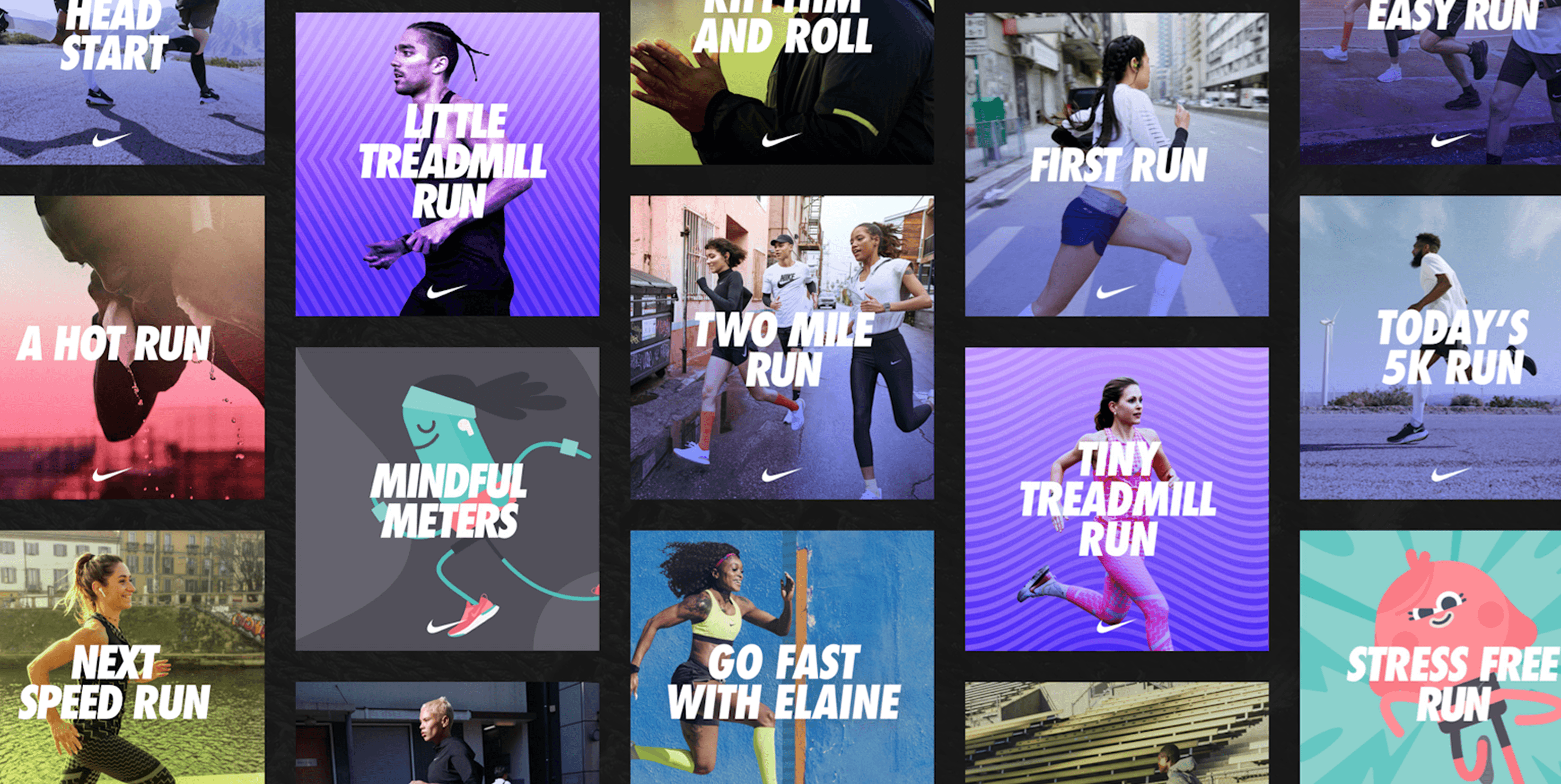 A large grid of square and rectangular tiles, each representing a different guided run or training program from Nike. The tiles feature dynamic images of runners, abstract illustrations, and bold text titles such as "10K HEAD START," "RHYTHM AND ROLL," "EASY RUN," "A HOT RUN," "LITTLE TREADMILL RUN," "TWO MILE RUN," "TODAY'S 5K RUN," "MINDFUL METERS," "TINY TREADMILL RUN," "NEXT SPEED RUN," "GO FAST WITH ELAINE," and "STRESS FREE RUN." A Nike swoosh logo is visible on many tiles.