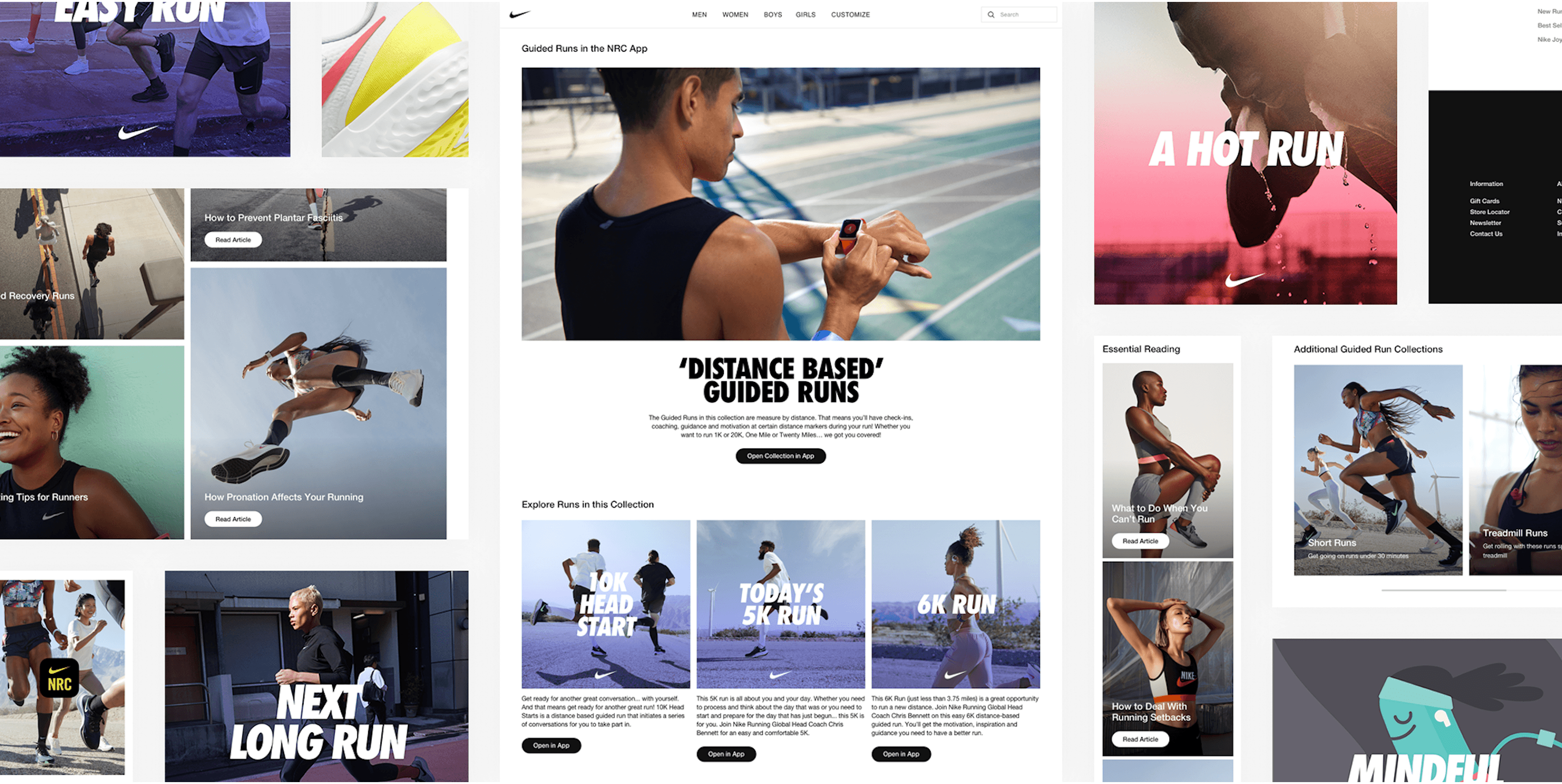 A busy, multi-panel collage of various Nike Run Club (NRC) website and app interface designs, focused on guided runs and running-related content. The central panel displays "Guided Runs in the NRC App" with a male runner checking his watch and sections for "Distance Based Guided Runs" and "Explore Runs in this Collection" with thumbnails for "HEAD START," "TODAY'S 5K RUN," and "6K RUN." Other panels include articles like "How to Prevent Plantar Fasciitis," "How Pronation Affects Your Running," "A HOT RUN" with a close-up of a runner, and "Essential Reading" with images of athletes and articles on running topics.
