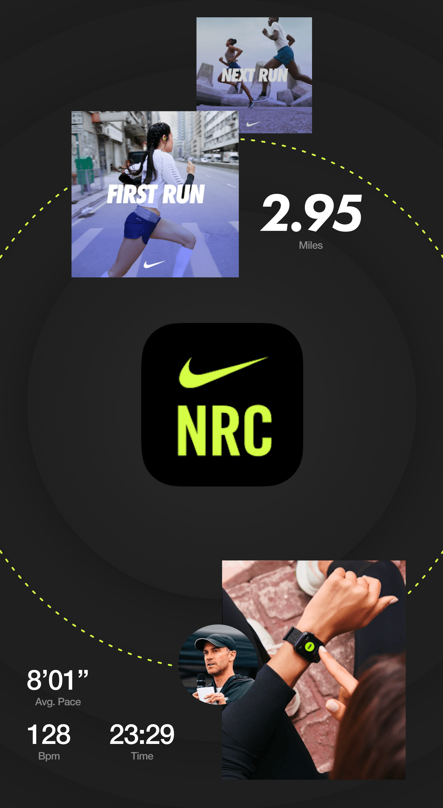Nike NRC running app interface with neon arc and centered NRC logo; run thumbnails labeled First Run and Next Run, plus distance 2.95 miles and time 23:29.