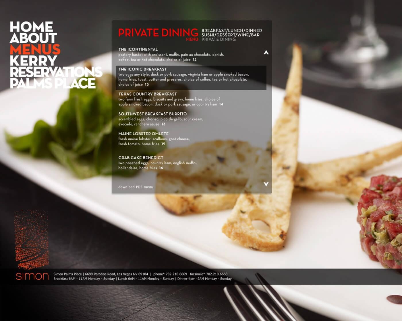 Semi-transparent menu card reading PRIVATE DINING sits over a plate of bread, greens, and meat on a dark table; left-side navigation text visible.