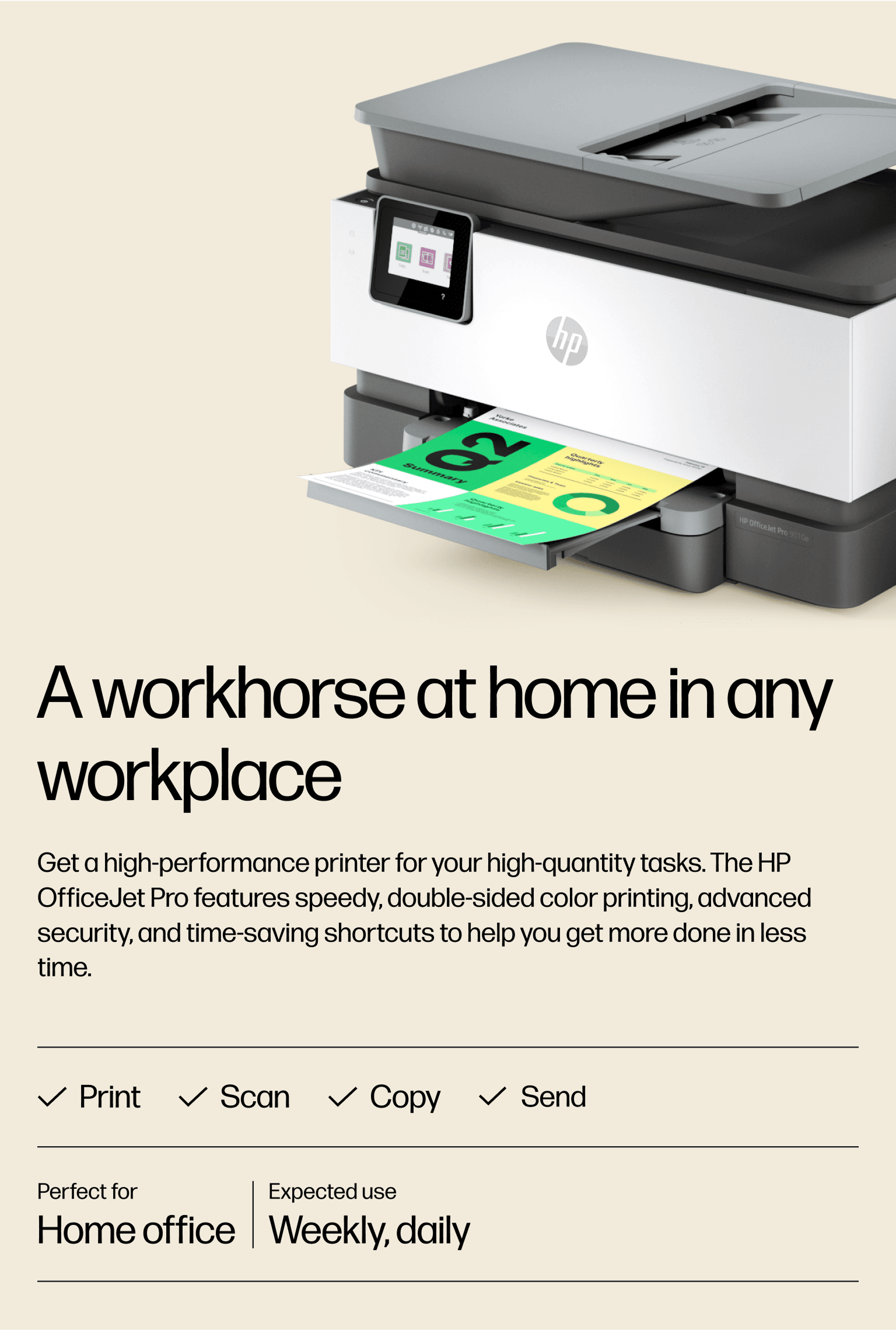 HP printer with a touchscreen, ejecting a vivid color printout from its tray against a pale beige background.