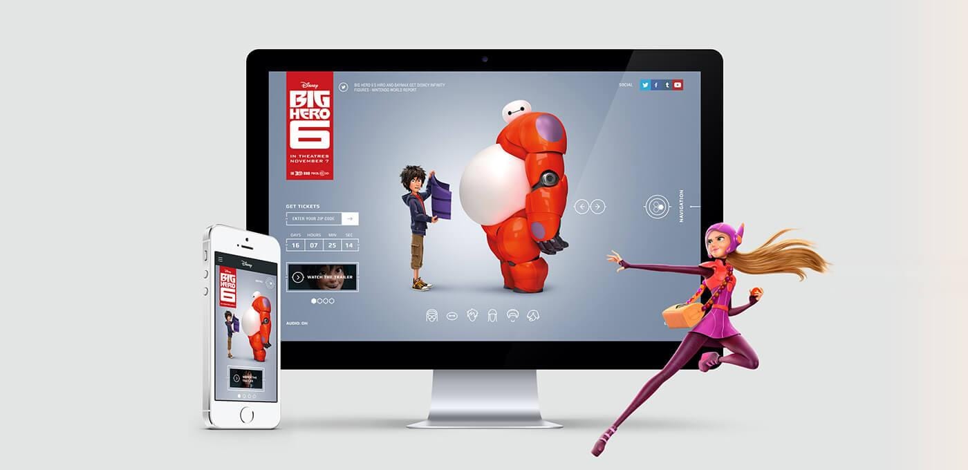 Desktop monitor and smartphone display a Big Hero 6 promo with Baymax and Hiro; a pink-clad character runs beside them.