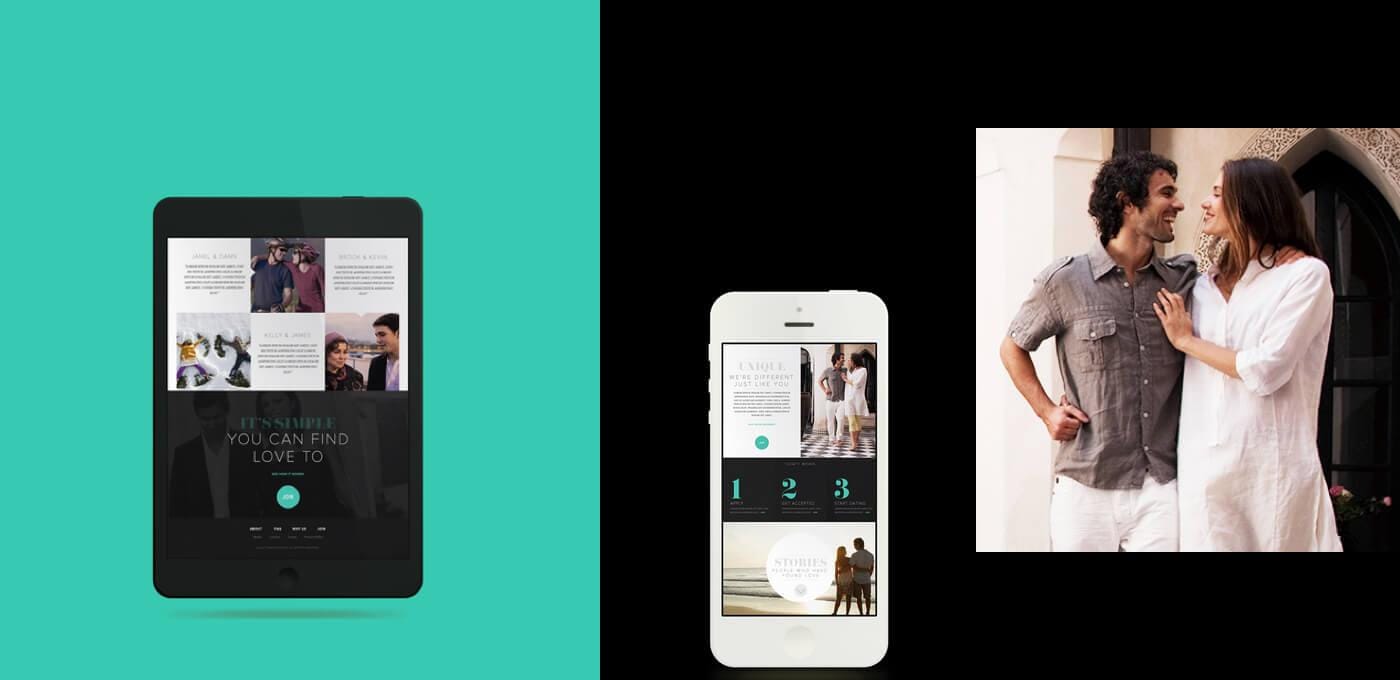 Left teal panel shows a tablet with a collage; center black panel features a white phone displaying a layout; right a couple smiles outdoors.
