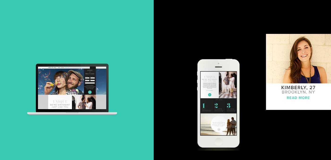 Three-panel layout: left teal with a laptop showing a collage site; center black with a white smartphone displaying app screens; right portrait of a smiling person with a text banner.