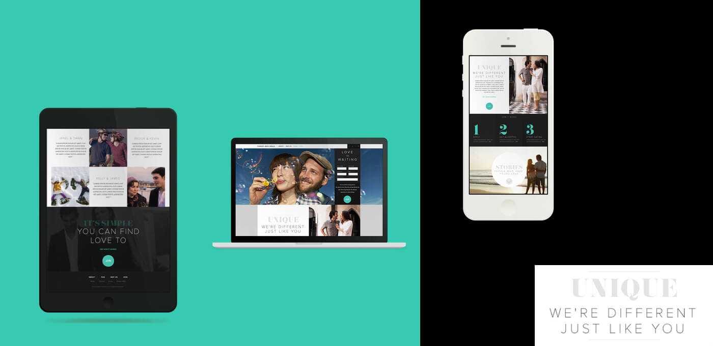 Teal backdrop with three devices: a black tablet left displaying a photo grid, a center laptop with a collage homepage, and a white smartphone on the right; a white promo card says 'UNIQUE WE'RE DIFFERENT JUST LIKE YOU'.