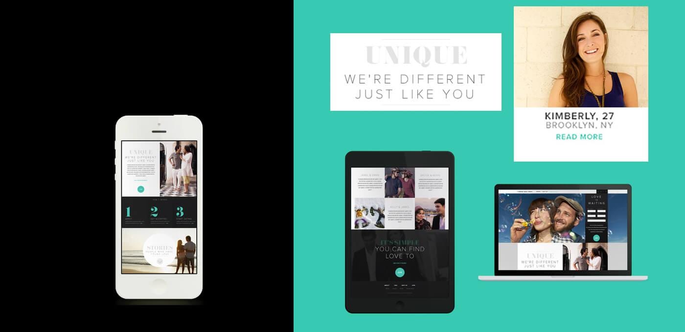 Split layout: left black area with a white smartphone showing a multi-panel app; right teal area with a tablet, a laptop, and a portrait card with text.