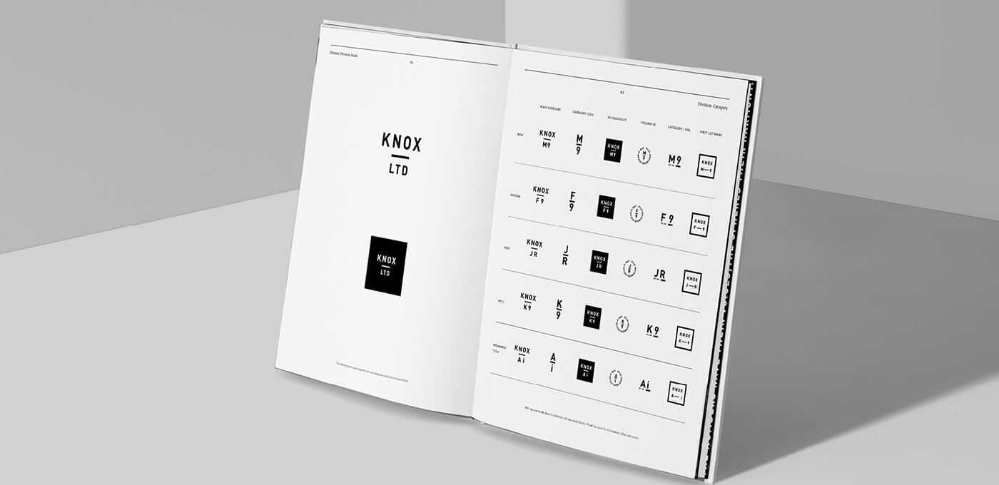 An open brand guideline book on a light gray surface, displaying the Knox LTD logo on the left page and a grid of logo variations on the right.