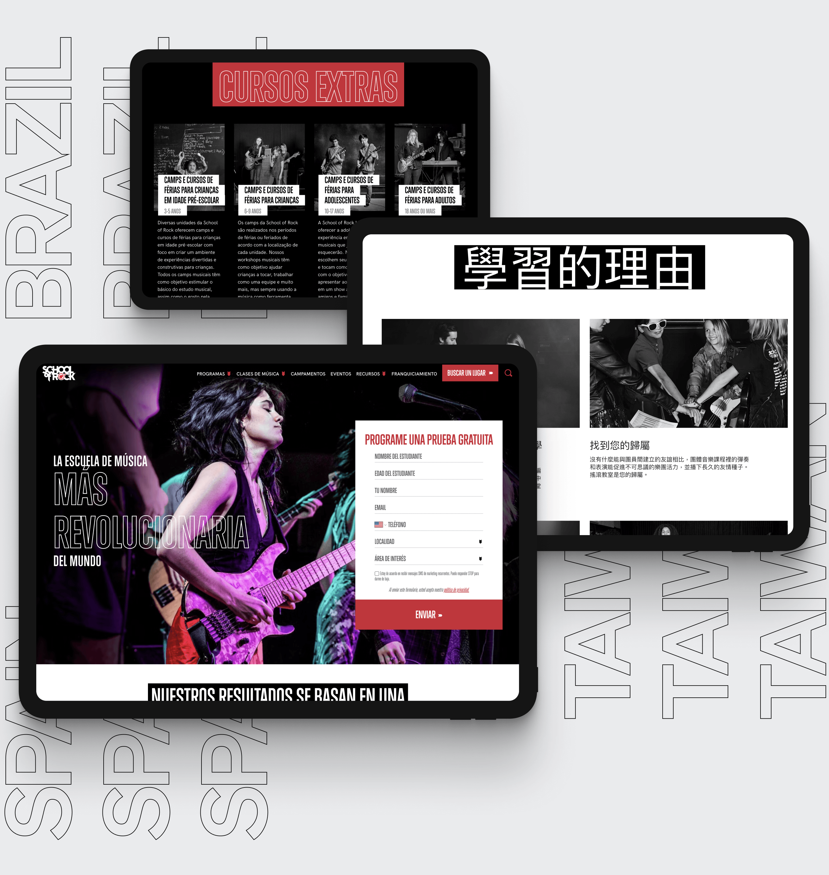 Three overlapping tablets display a music-school site: guitarist on the home page, a free-trial form, and a black-and-white content page with a header.