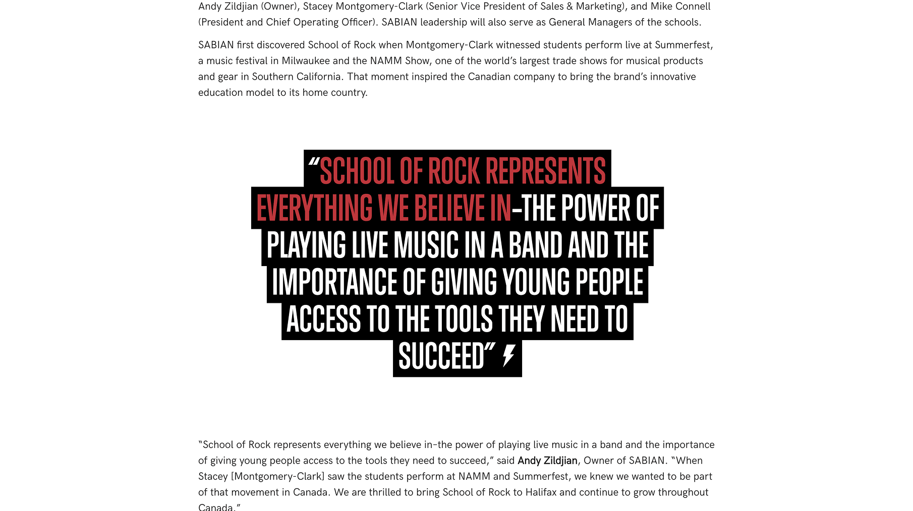 Centered, multi-line black text blocks form a quote about School of Rock and empowering youth with live music access; red emphasis on the first line.