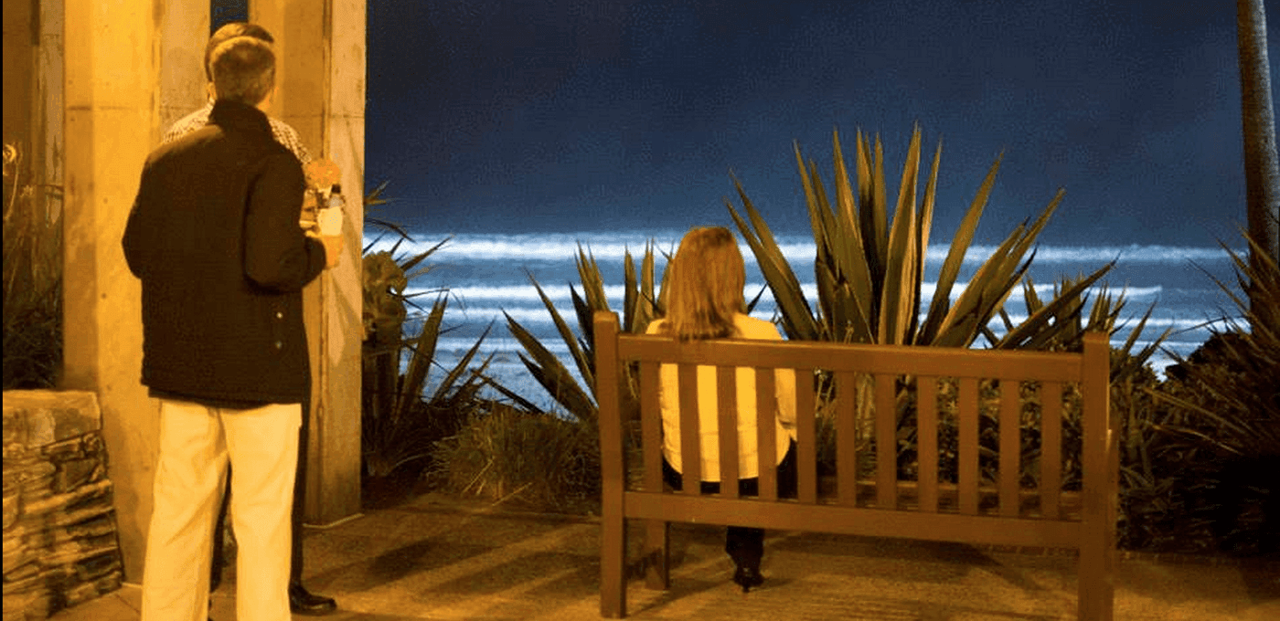 Night scene of two people by a bench by the ocean; one stands by a column with a drink, the other sits with back to the camera among tall plants.