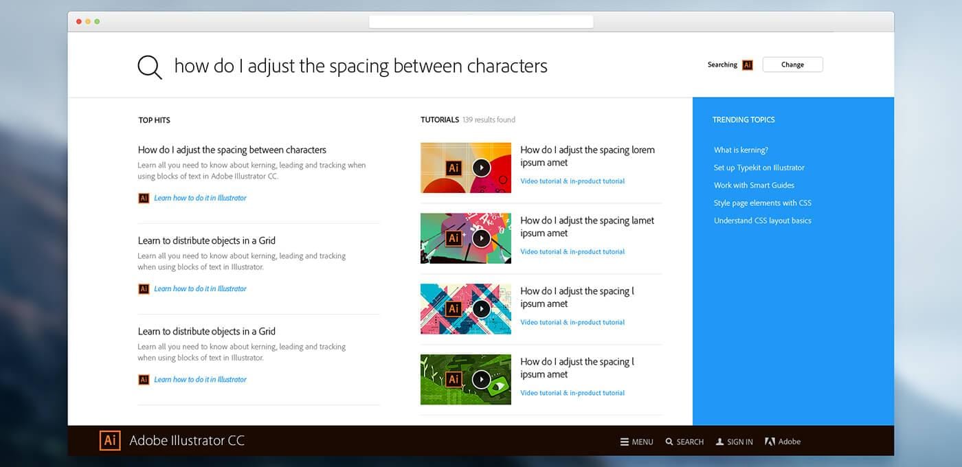 Screenshot of a web page about adjusting character spacing in Illustrator CC, with left Top Hits, center tutorials, and a blue right sidebar.