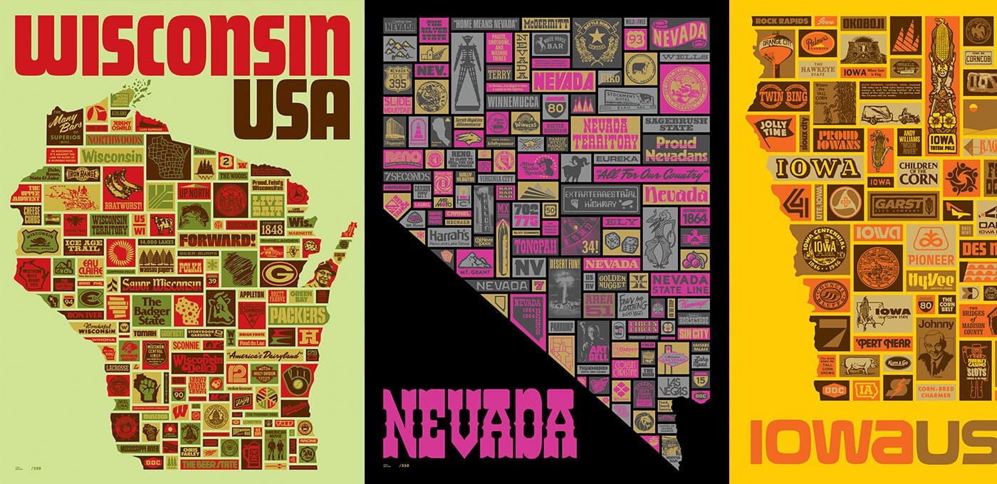 Triptych state-shaped collages: Wisconsin on pale green with bold red lettering, Nevada on black with pink accents, and Iowa on yellow with orange logos.