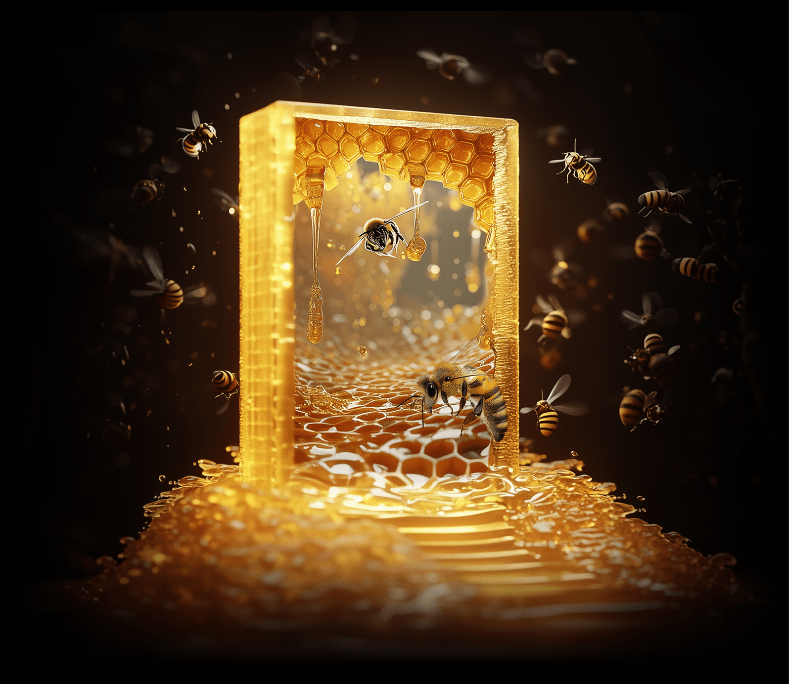 Golden honeycomb frame rising from a pool of honey, surrounded by buzzing bees; honey drips from the frame in a glowing amber scene.