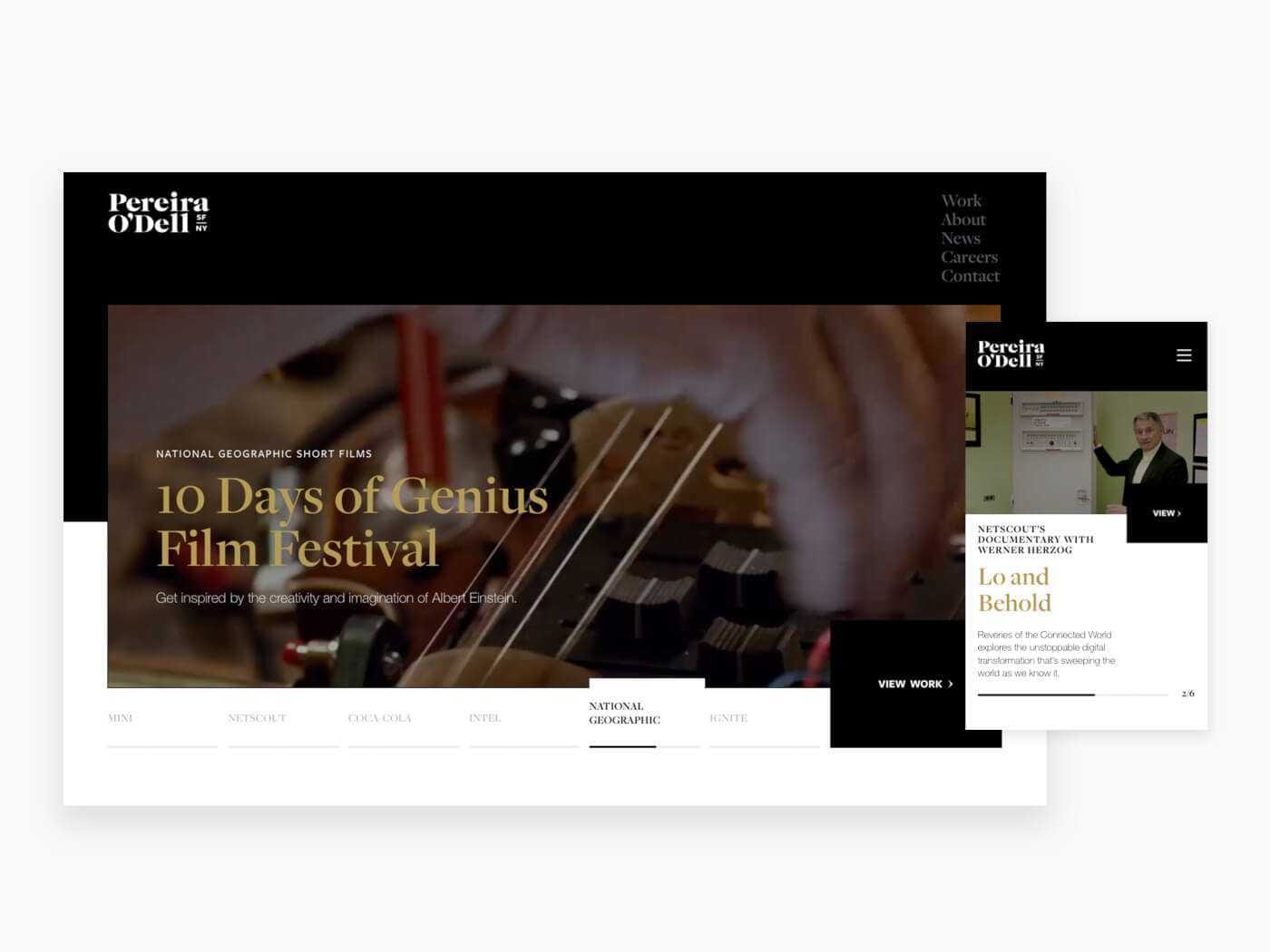 Portfolio site hero with a close-up of piano strings and gold title “10 Days of Genius Film Festival” on a black header with the Pereira O’Dell logo.
