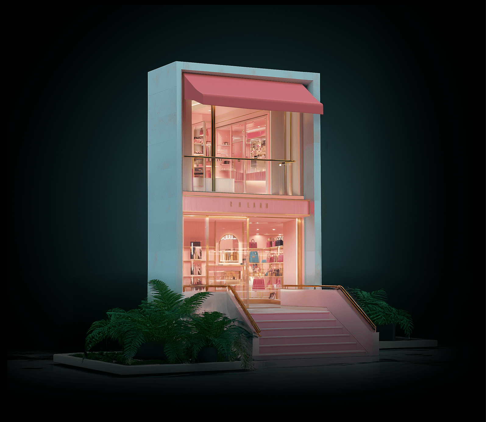 Pastel pink boutique storefront with pink awning, glass display windows, gold railings, pink steps, and green plants against a dark backdrop.
