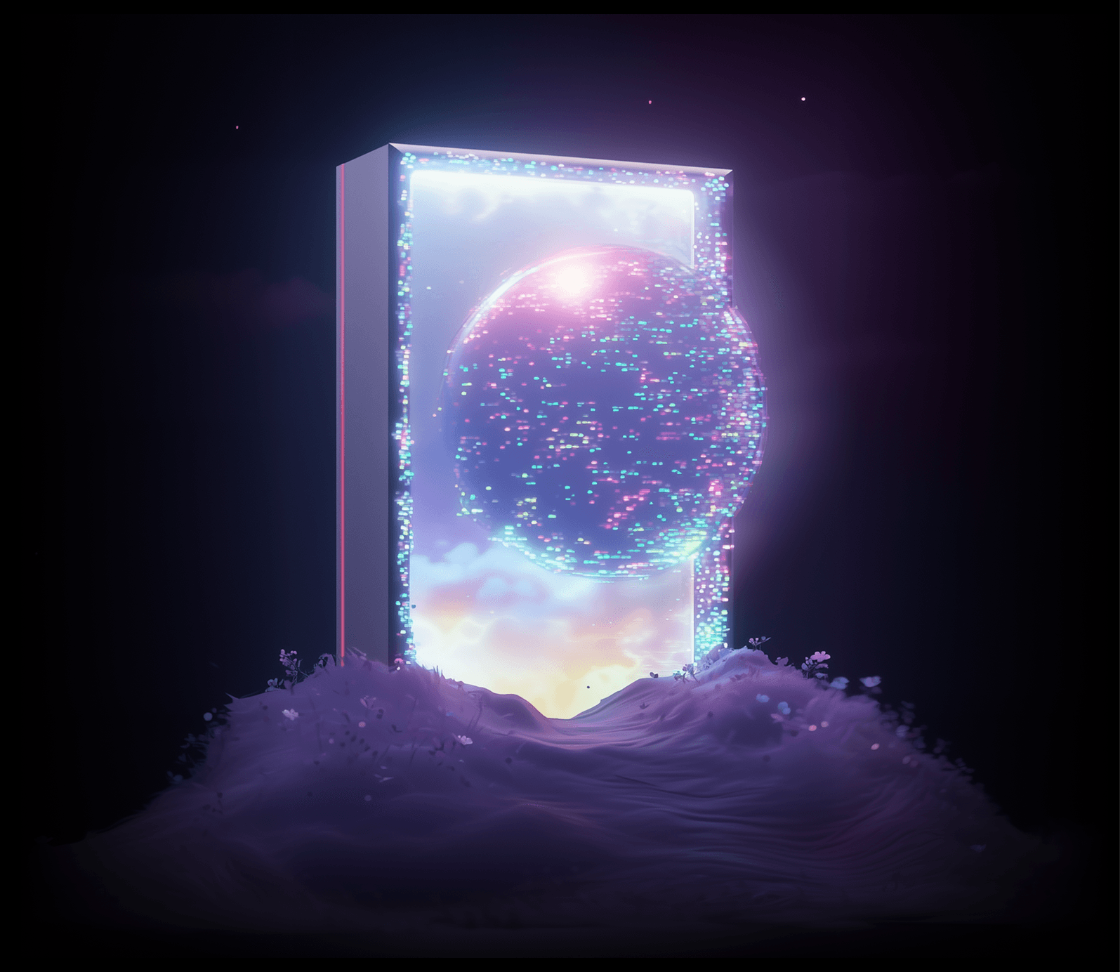 A glowing sci‑fi portal on a snow-dusted, flower-filled hill; a swirling, particle-lit sphere fills the rectangular frame with neon light.